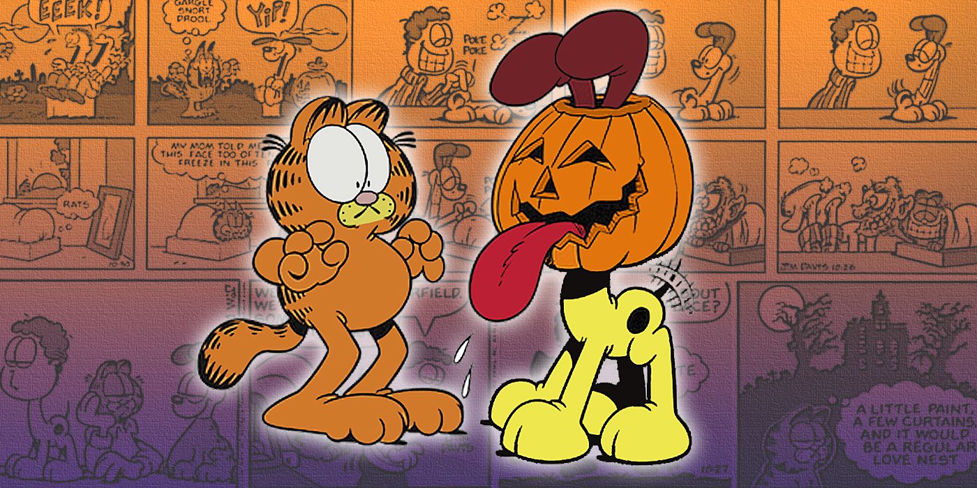 Garfield looking at Odie with a pumpkin on his head and Halloween comics in the background