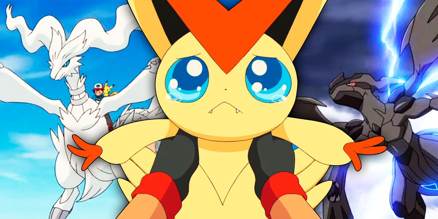 Zekrom and Reshiram, with Victini in the middle on Pokemon Logo Background