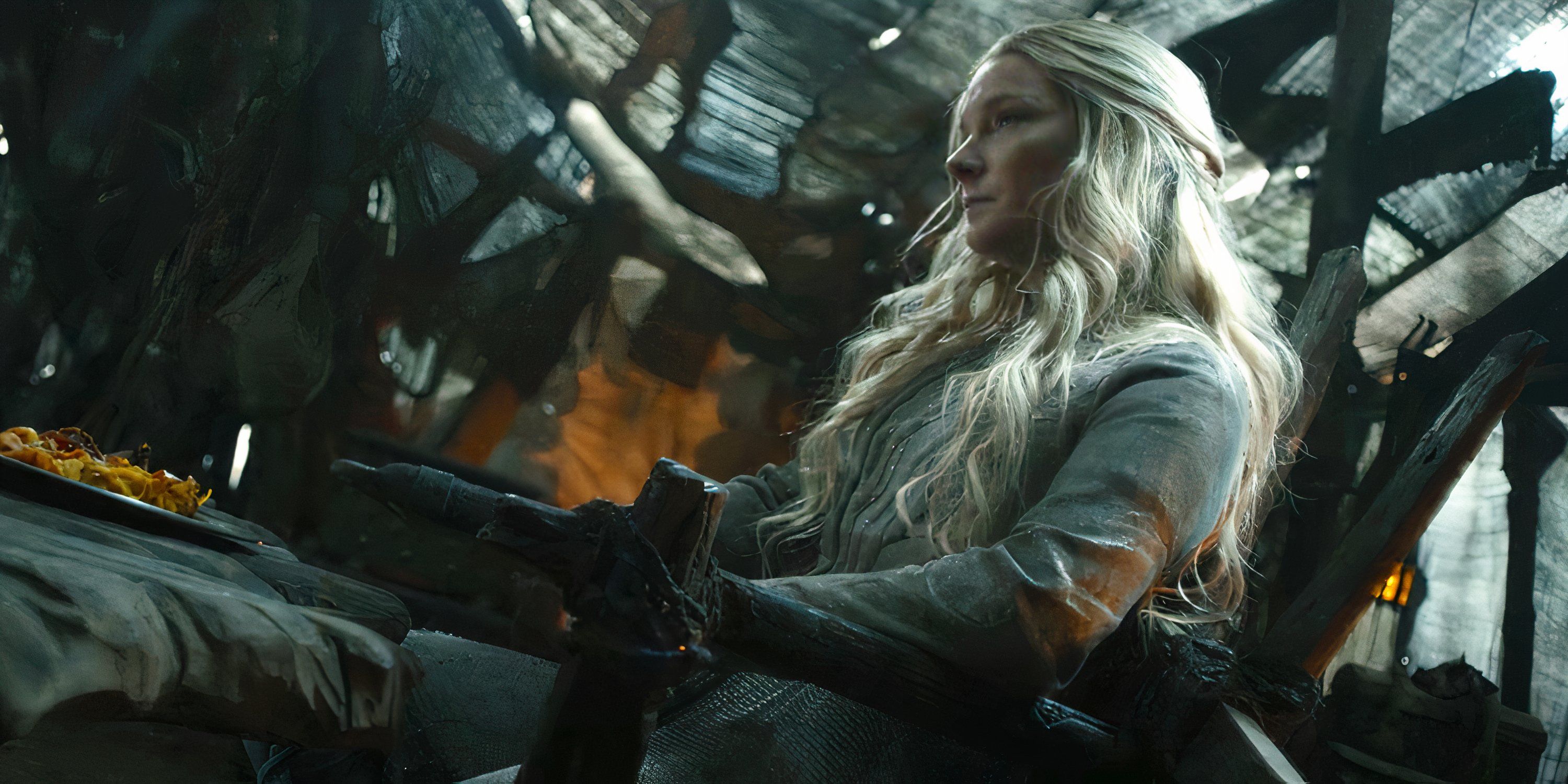 Galadriel (Morfydd Clark) sits chained to a chair in Adar's camp in The Lord of the Rings: The Rings of Power