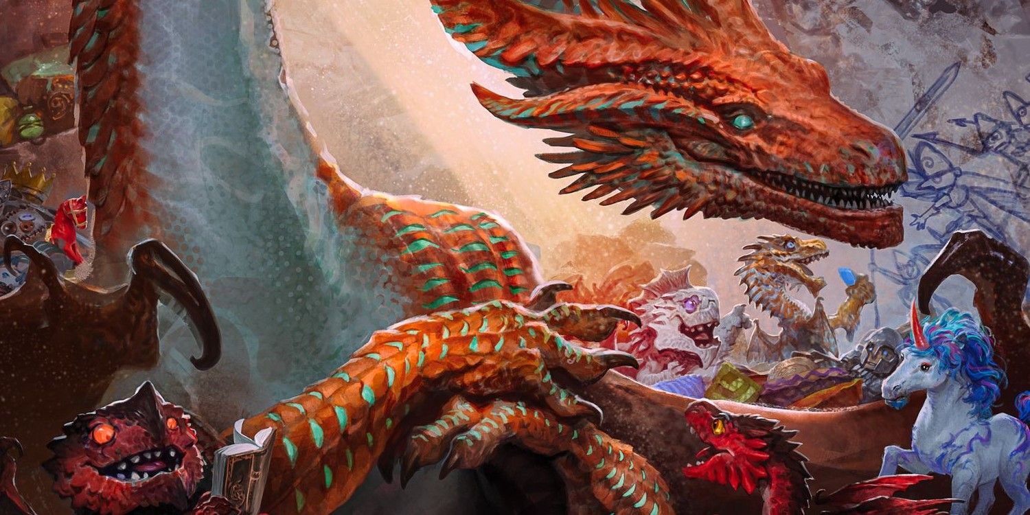 A Copper Dragon caring for chromatic dragon wyrmlings and a unicorn foal in art from the Monster Manual of Dungeons and Dragons.