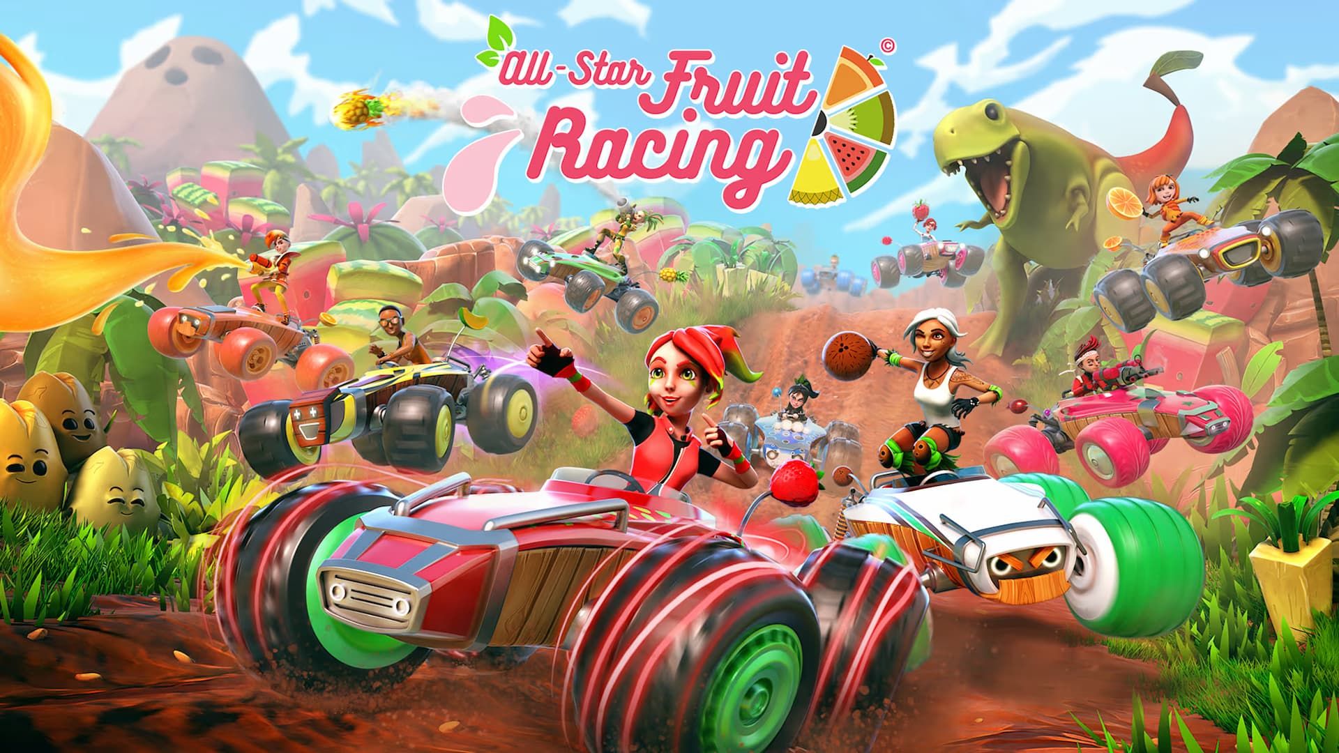 Personagens correndo em uma estrada de terra rodeada de frutas em All-Star Fruit Racing 