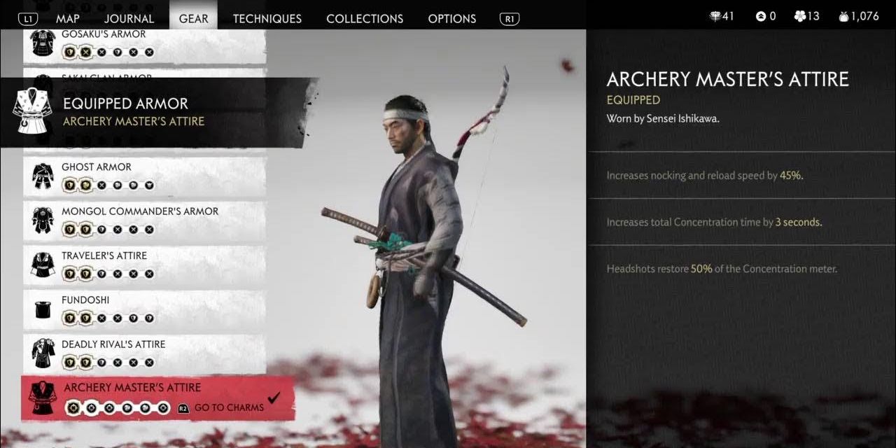 O menu de equipamentos com o traje do mestre de tiro com arco equipado em Ghost of Tsushima