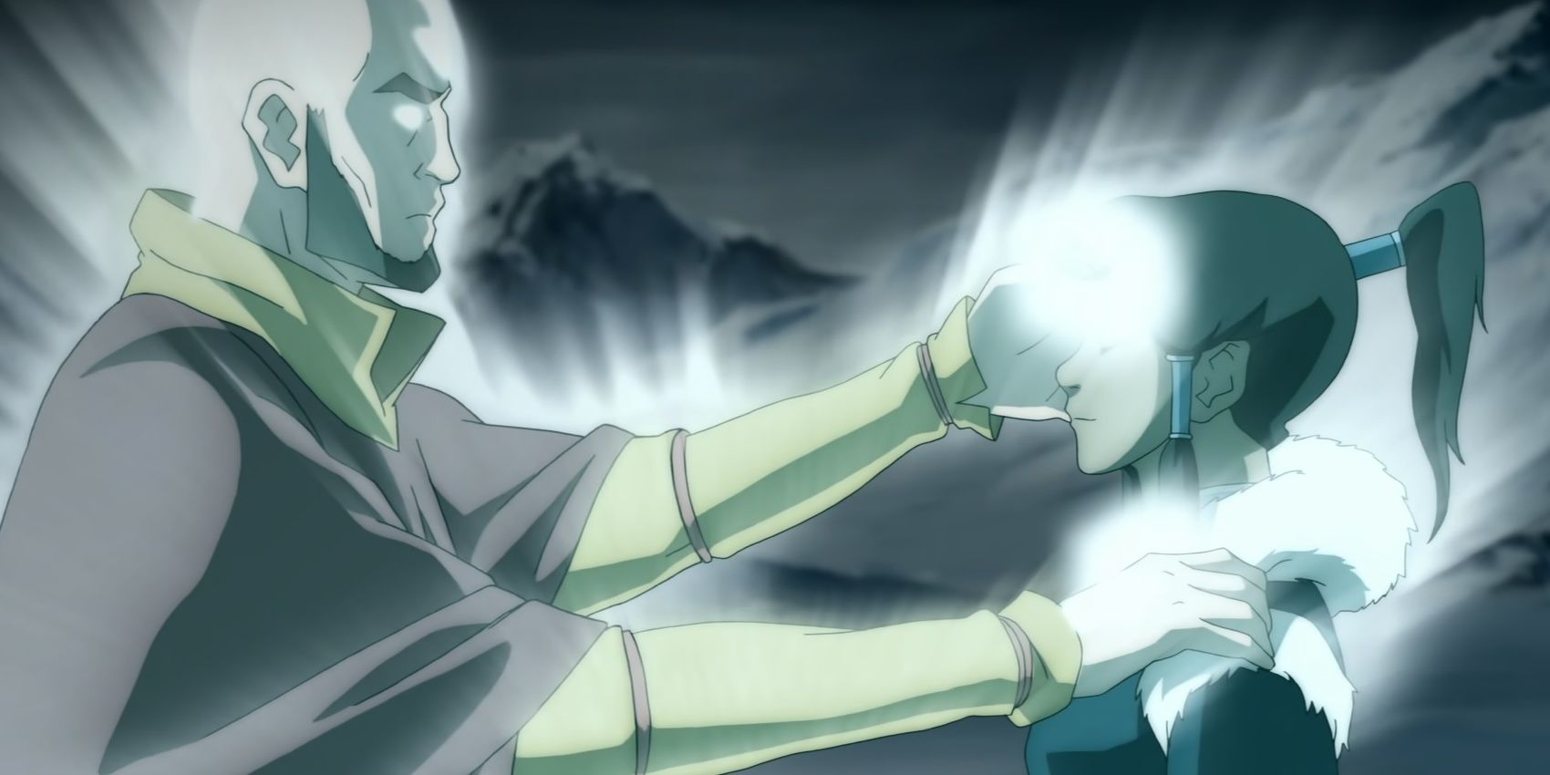 Avatar aang uses energybending on Korra's forehead.