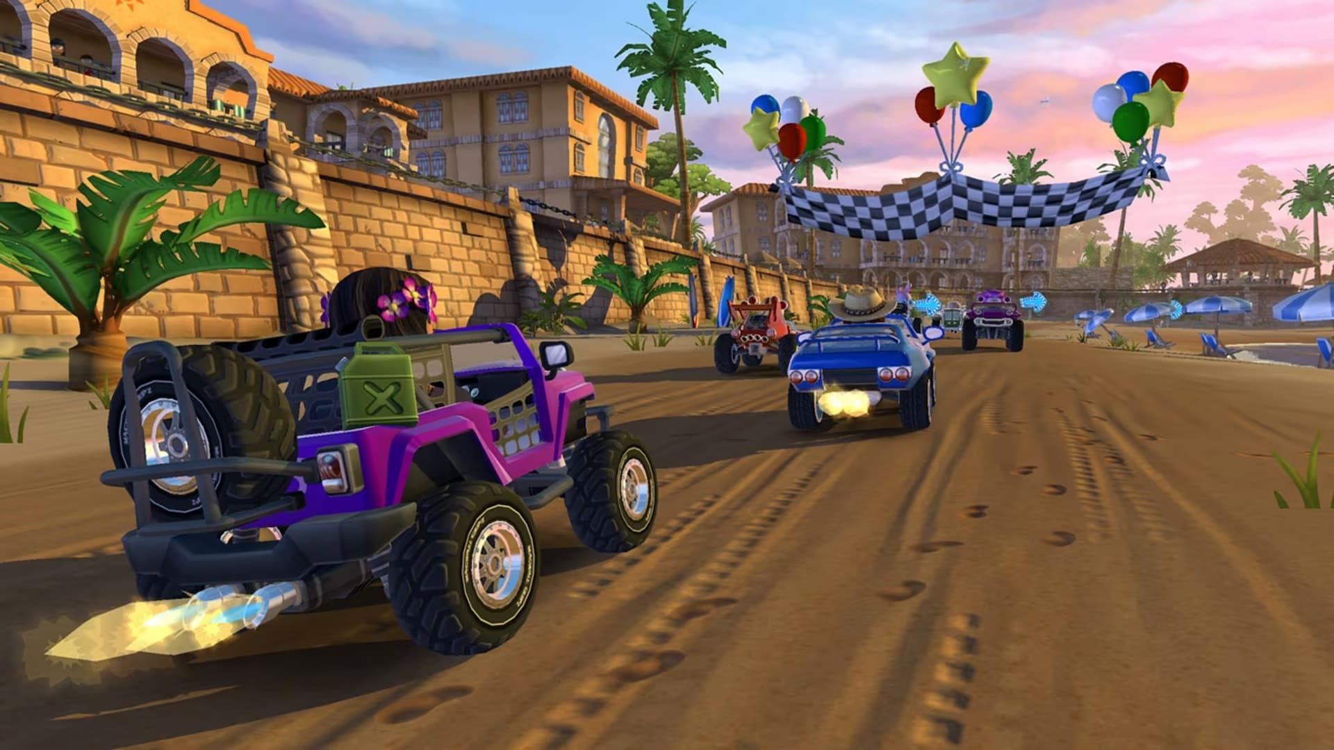 Carros Beach Buggy Racing 2 Turbo Edition correndo em uma praia com palmeiras