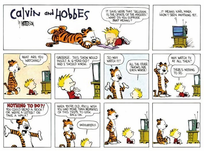 Hobbes le pregunta a Calvin por qué mira televisión.