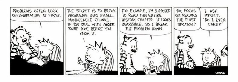 Calvin le dice a Hobbes cómo hacer que las metas sean más manejables.
