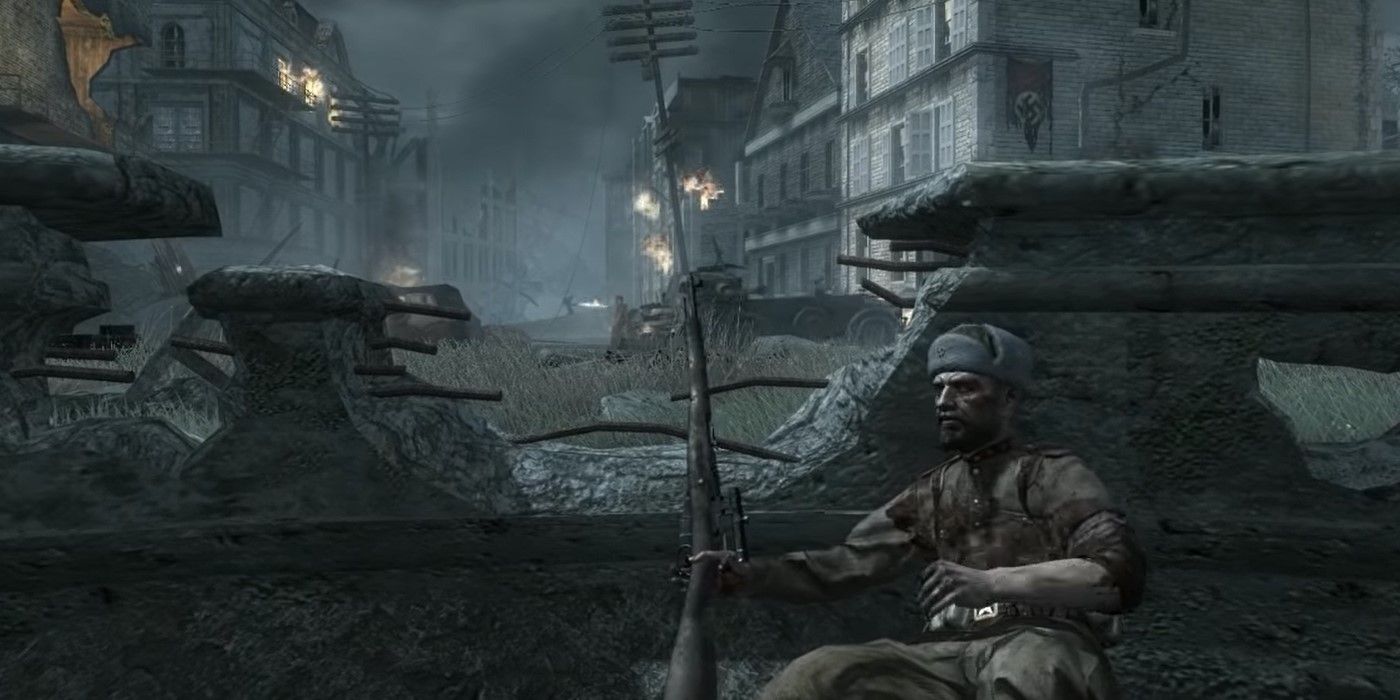 Um Reznov ferido dá a Petrenko seu Mosin Nagant na missão "Vendetta" de Call of Duty World at War