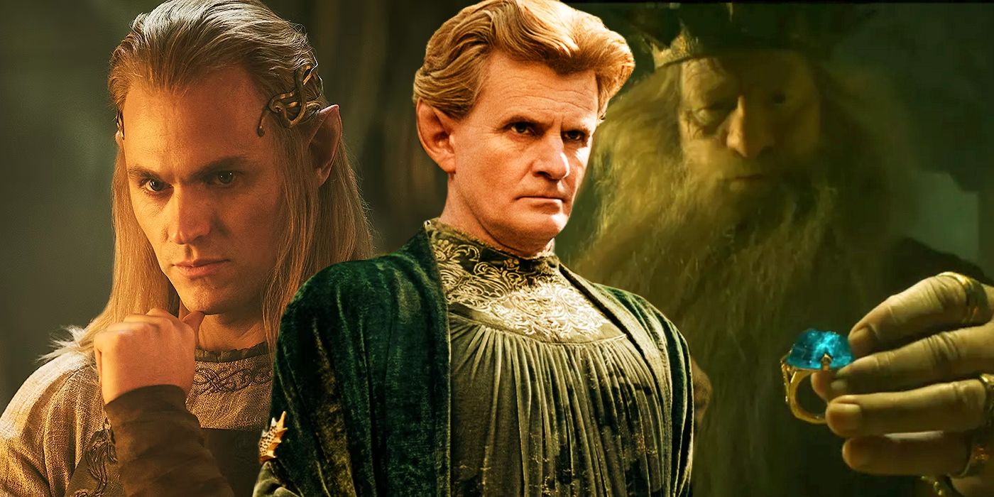 Split: Charlie Vickers as Annatar, Charles Edwards as Celebrimbor, and Durin holds a ring in The Lord of the Rings: The Rings of Power