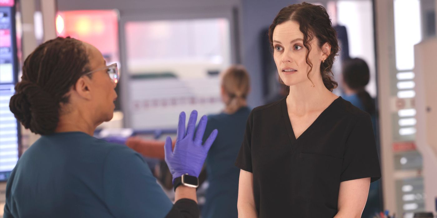 Sharon Goodwin holds up a hand to stop Dr. Caitlin Lenox from speaking in Chicago Med Season 10