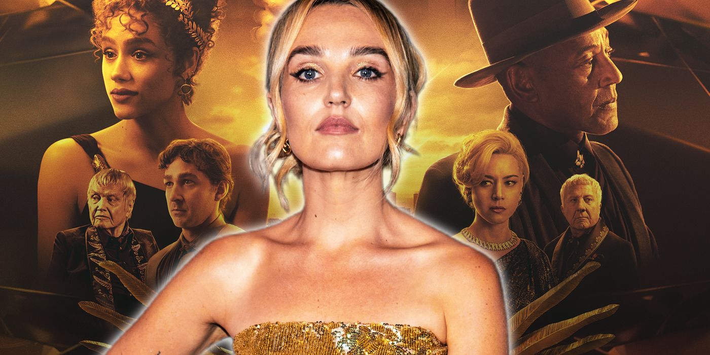 Actor Chloe Fineman in a gold dress staring ahead in front of Megalopolis poster art