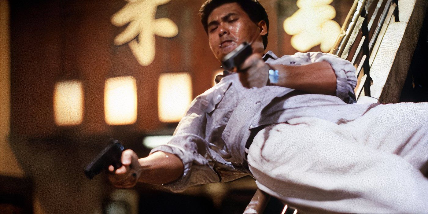 Chow Yun-fat is sliding down stairs while firing guns in Hard Boiled.