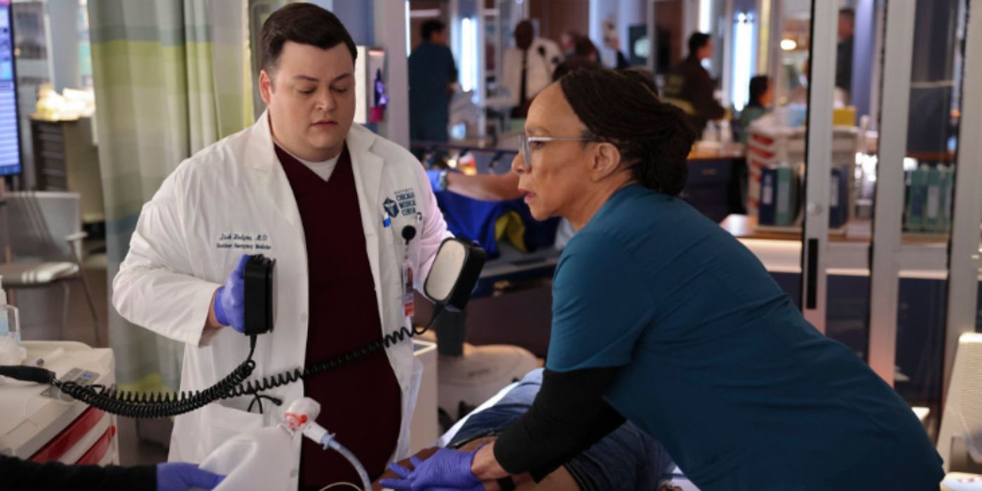 Conor Perkins as Zach Hudgins works on a patient with S. Epatha Merkerson as Sharon Goodwin