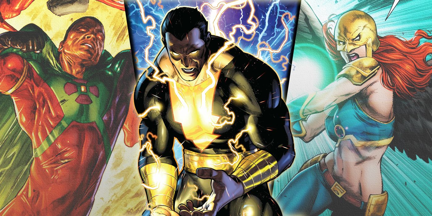 Split images of DC Comics' Icon, Black Adam and Hawkwoman in action poses are spliced together.