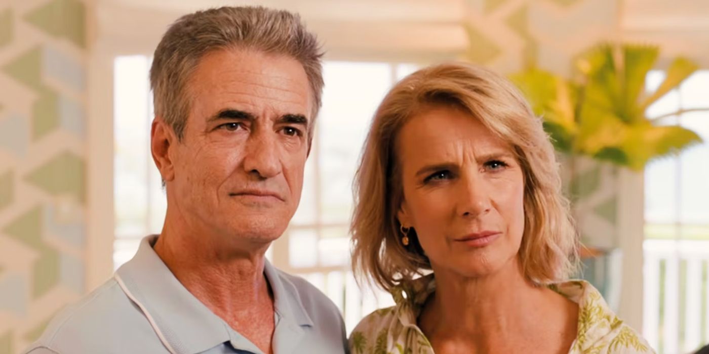 Dermot Mulroney as Leo stands with Rachel Griffiths as Innie in Anyone But You