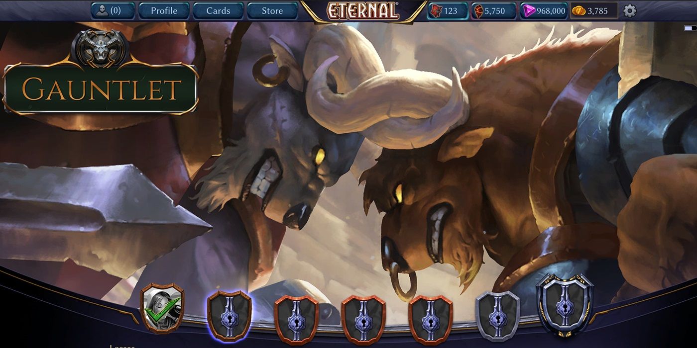 A screenshot of the main page of the Eternal Card game, showing two enemies butting heads.