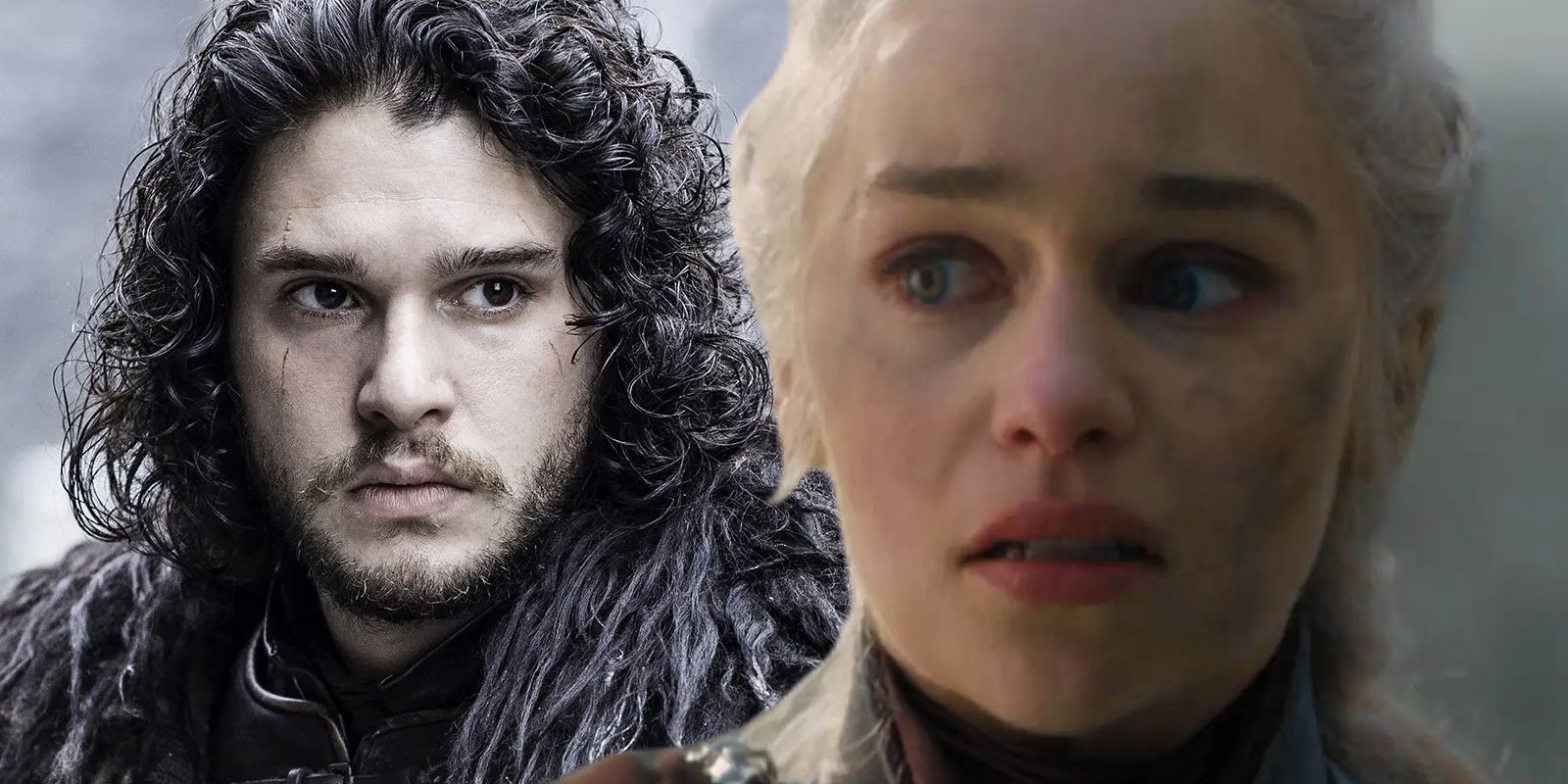 Split image features Jon Snow (Kit Harington) and Daenerys Targaryen (Emilia Clarke) in Game of Thrones