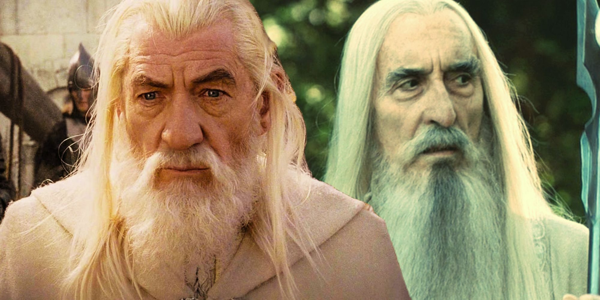 Gandalf (Ian McKellan) stares sternly into the horizon; Saruman (Christopher Lee) looks sideways in The Lord of the Rings