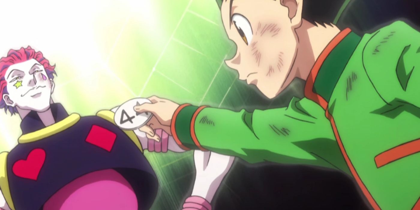 Gon gives Hisoka his badge dyring one of the challenges in The Hunter Exam in Hunter x Hunter.