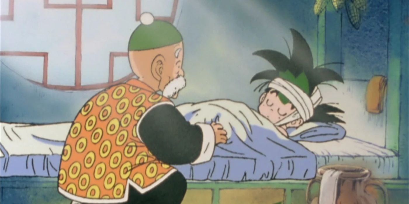 Grandpa Gohan taking care of an ailing Goku in Dragon Ball.