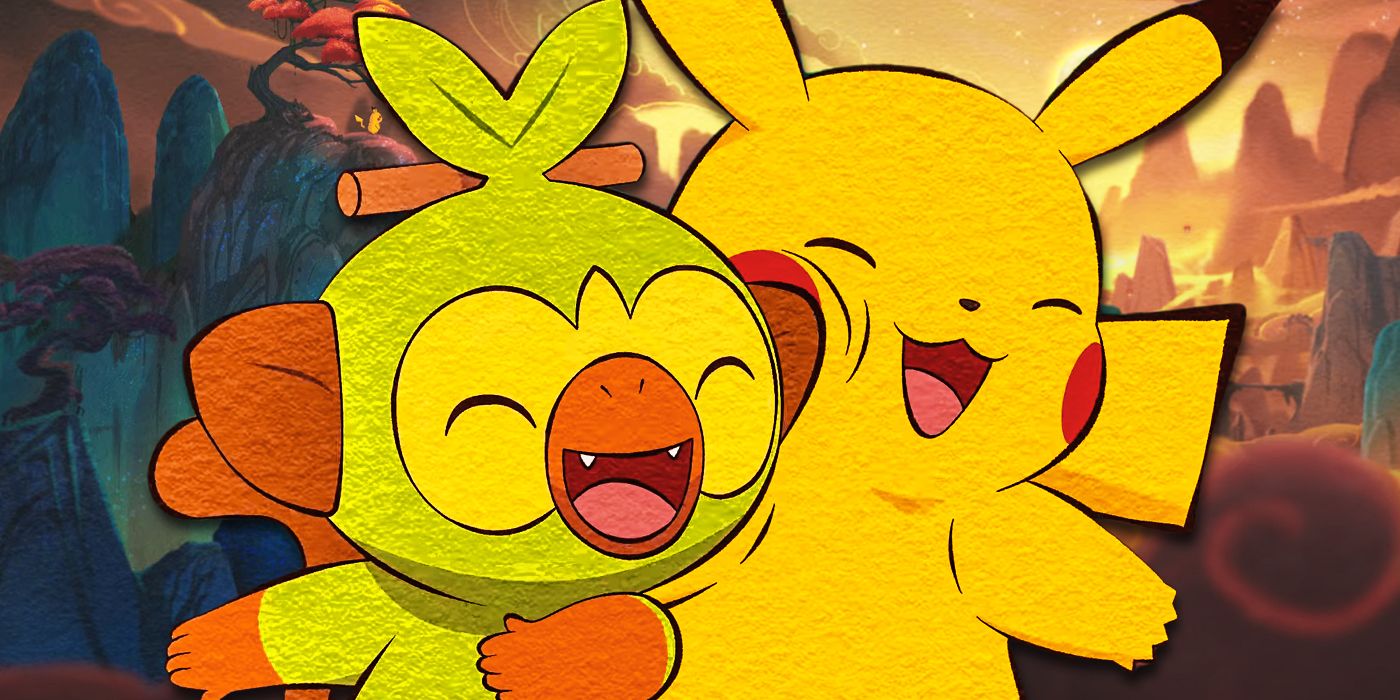 Grookey nuzzles Pikachu while both smile happily in new Pokemon film