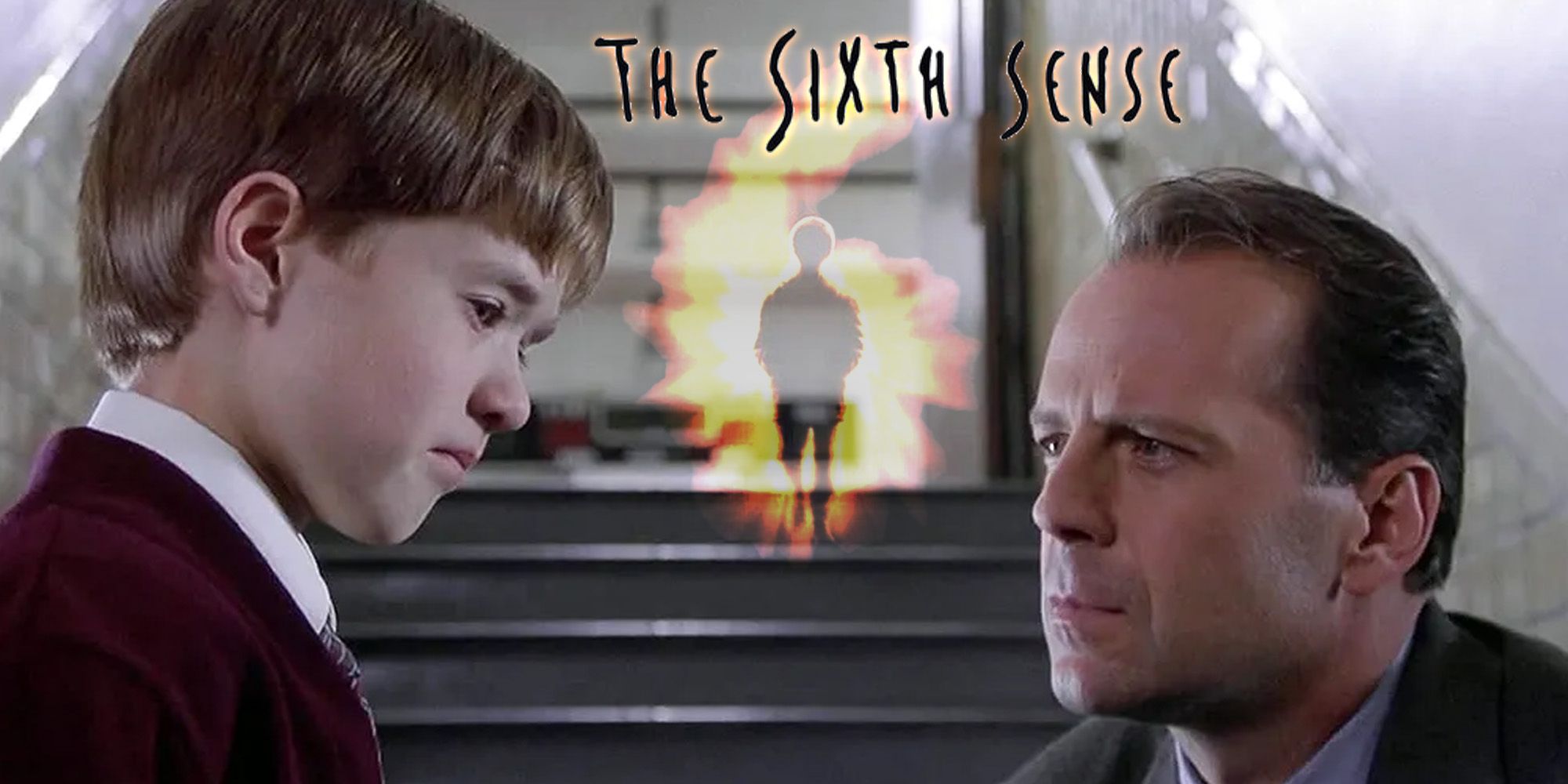 Haley Joel Osment and Bruce Willis in The Sixt Sense in front of the stairs