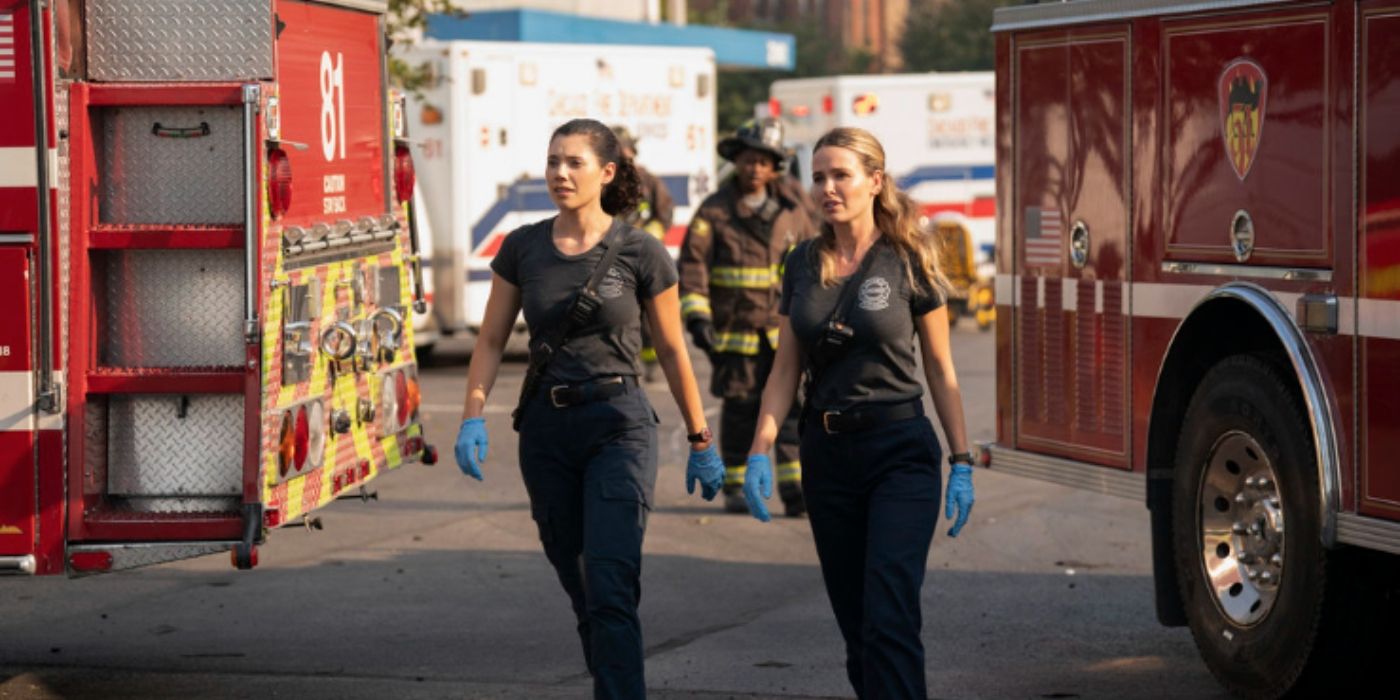 Hanako Greensmith as Violet Mikami and Jocelyn Hudon as Lyla Novak walk together on Chicago Fire