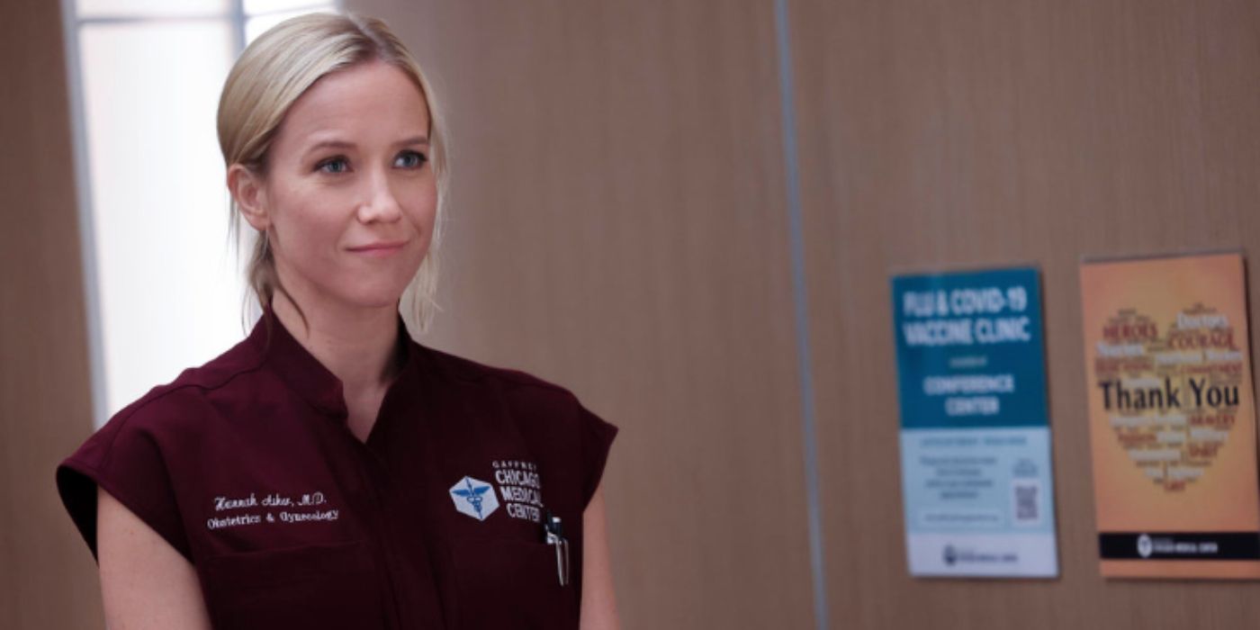 Jessy Schram as Hannah Asher in burgundy scrubs on Chicago Med