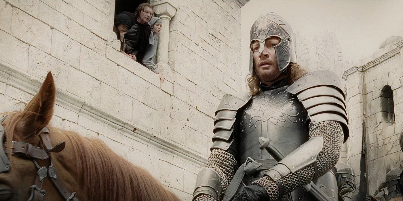 Faramir riding on his horse through the city