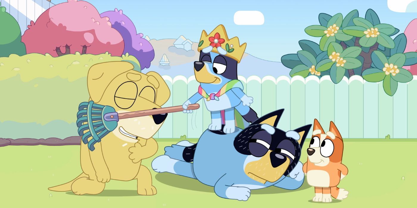 Lucky's dad from Bluey being knighted with a garden rake.