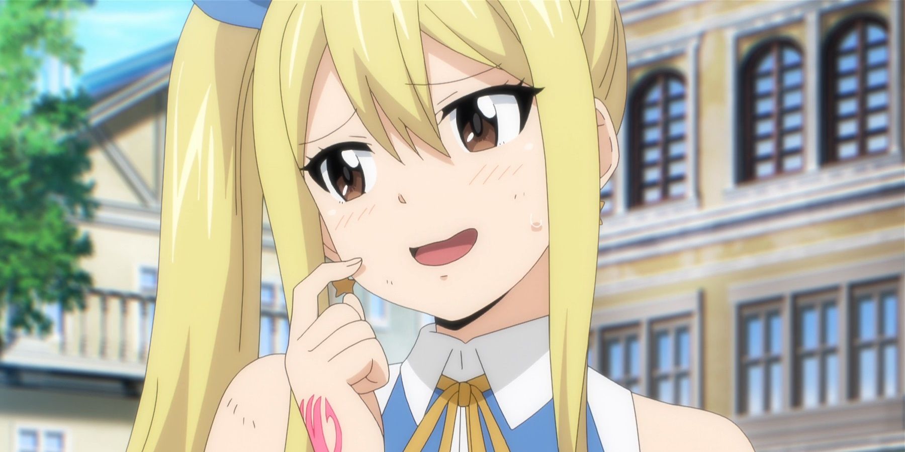 Lucy Heartfilia talks nervously with a finger to her cheek.