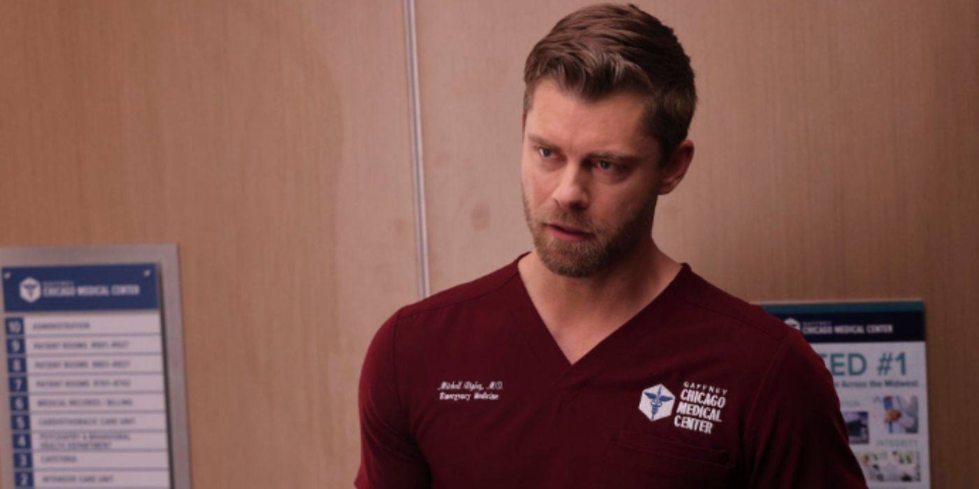 Luke Mitchell as Mitch Ripley in burgundy scrubs on Chicago Med