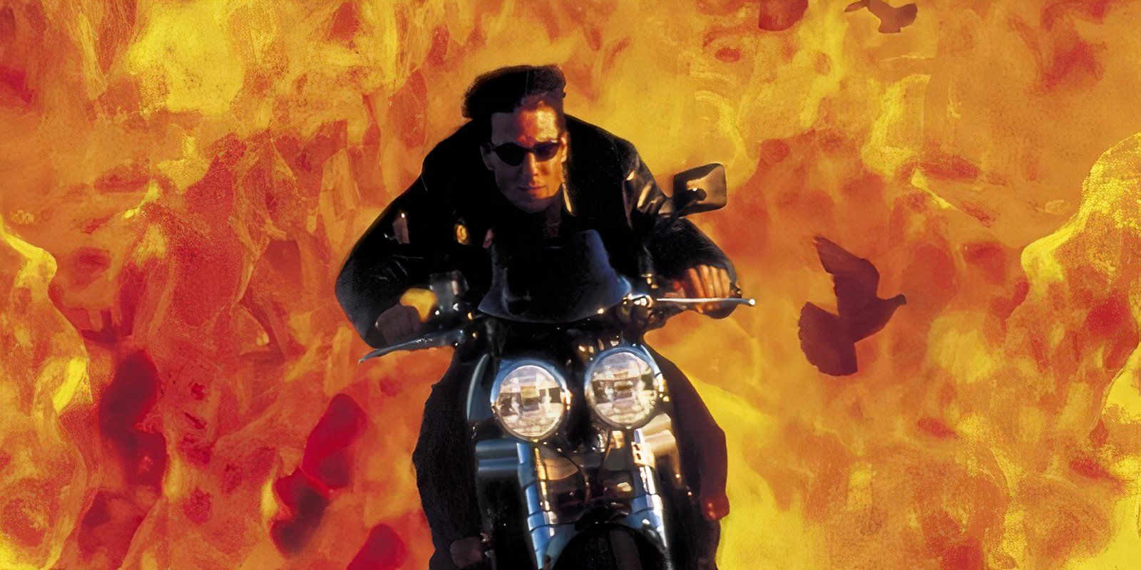 Ethan Hunt drives his motorbike through an explosion