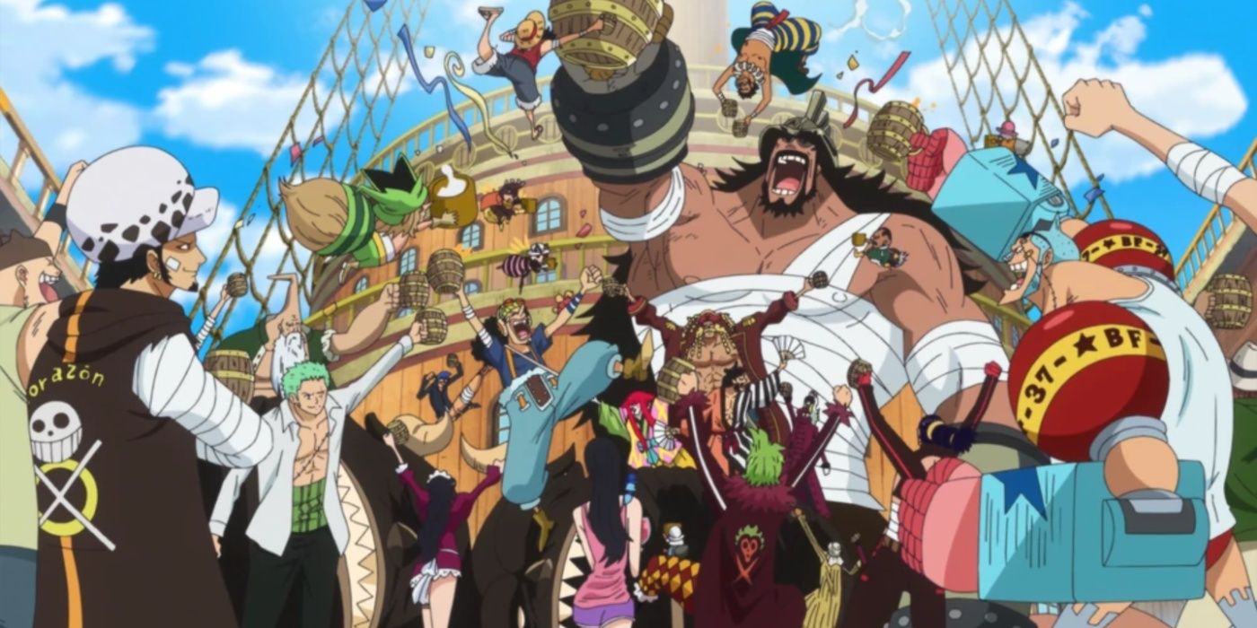 Hajrudin of the New Giant Warrior Pirates celebrates with the rest of the Straw Hat Grand Fleet during One Piece's Dressrosa Arc.