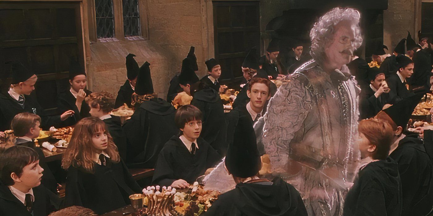 Nearly Headless Nick is coming out of the table in the Great Hall in Harry Potter and the Sorcerer's Stone