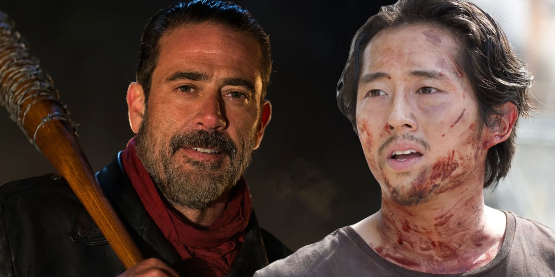 Negan Smith (Jeffrey Dean Morgan) and Glenn Rhee (Steven Yeun) in The Walking Dead