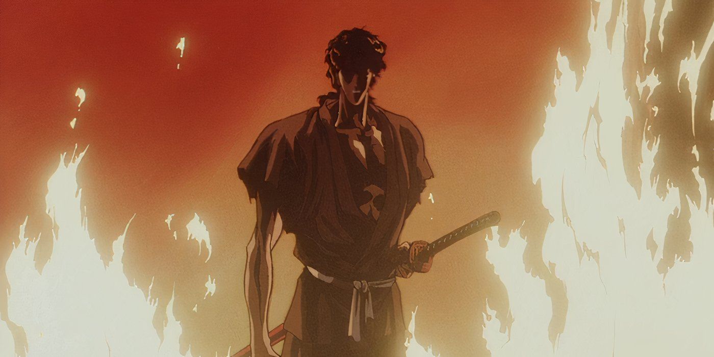 Jubei vagueia pelas chamas em Ninja Scroll.