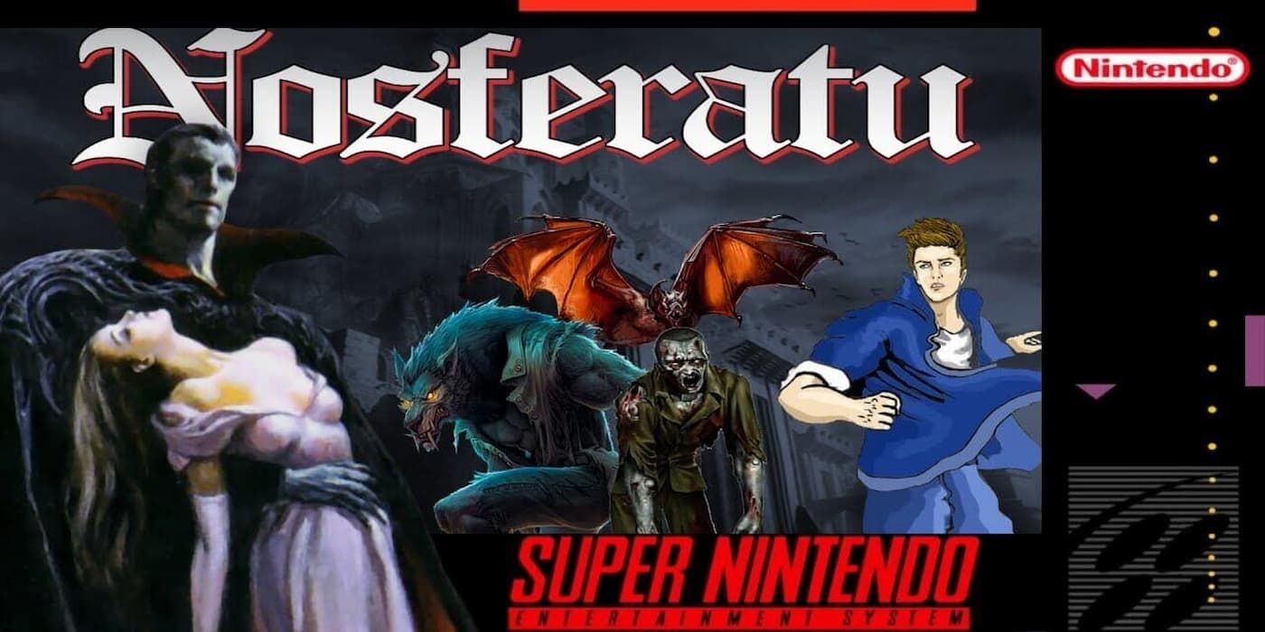 Arte da capa de Nosferatu Snes com um vampiro e outros monstros