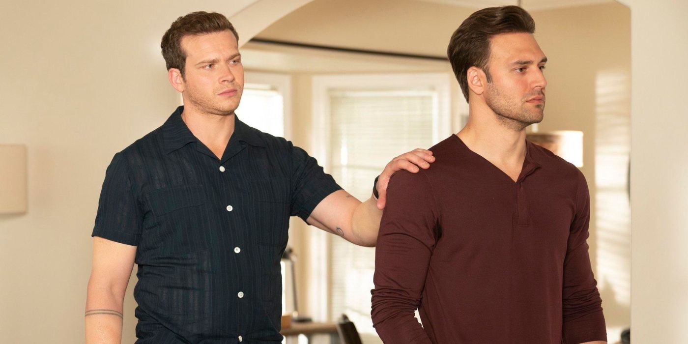 Oliver Stark as Evan 'Buck' Buckley comforts Ryan Guzman as Eddie Diaz on 9-1-1