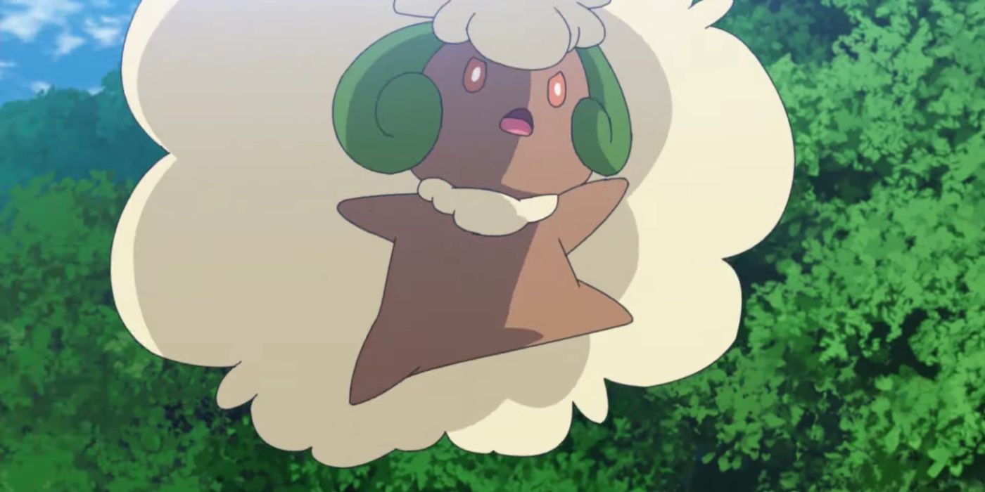 Whimsicott saltando no ar no anime Pokémon.