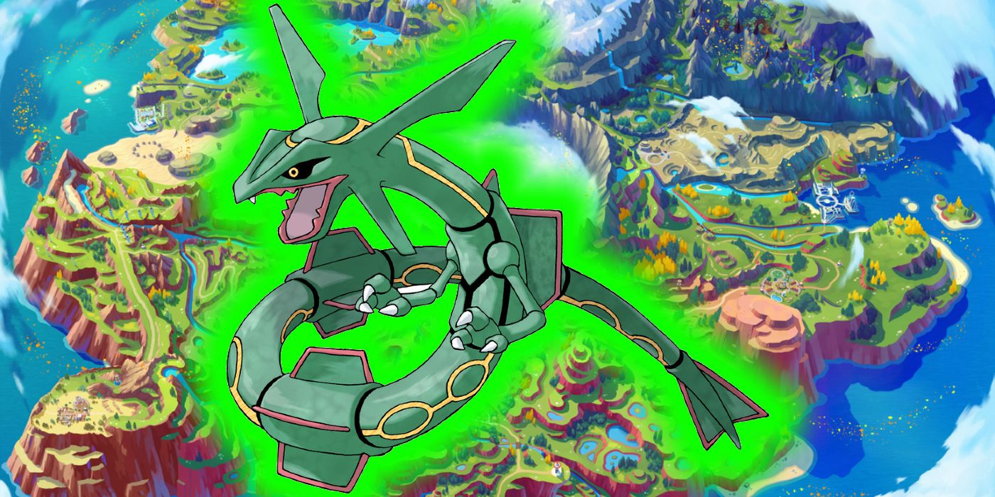 Rayquaza overlaid a map of the Paldea region of Pokémon Scarlet and Violet.