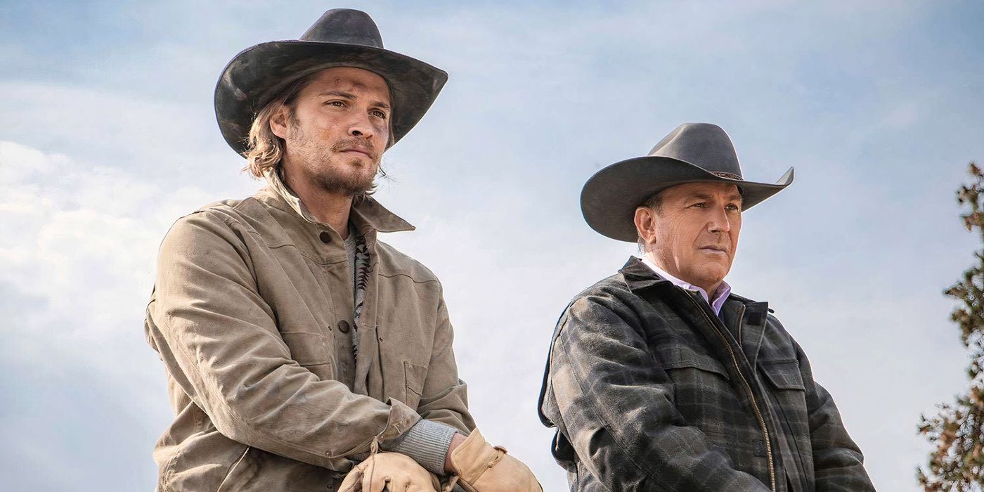 Luke Grimes as Kayce Dutton and Kevin Costner as John Dutton discussing how to move cattle over the hill that day while sitting horseback in Yellowstone.