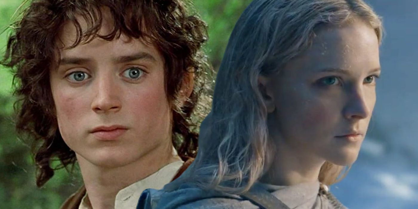 Split image featuring Frodo Baggins (Elijah Wood) in The Lord of the Rings and Lady Galadriel (Morfydd Clark) in The Rings of Power