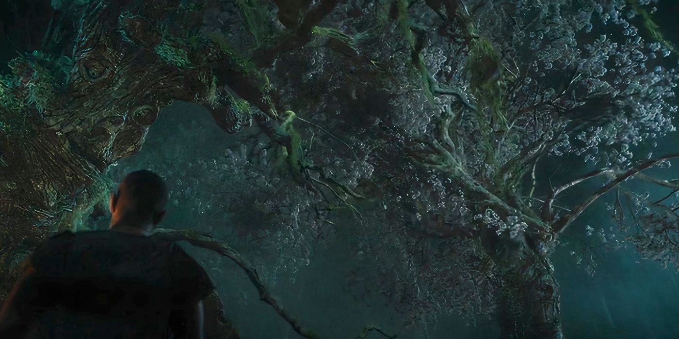 Arondir encounters an Ent in a dark forest in The Rings of Power