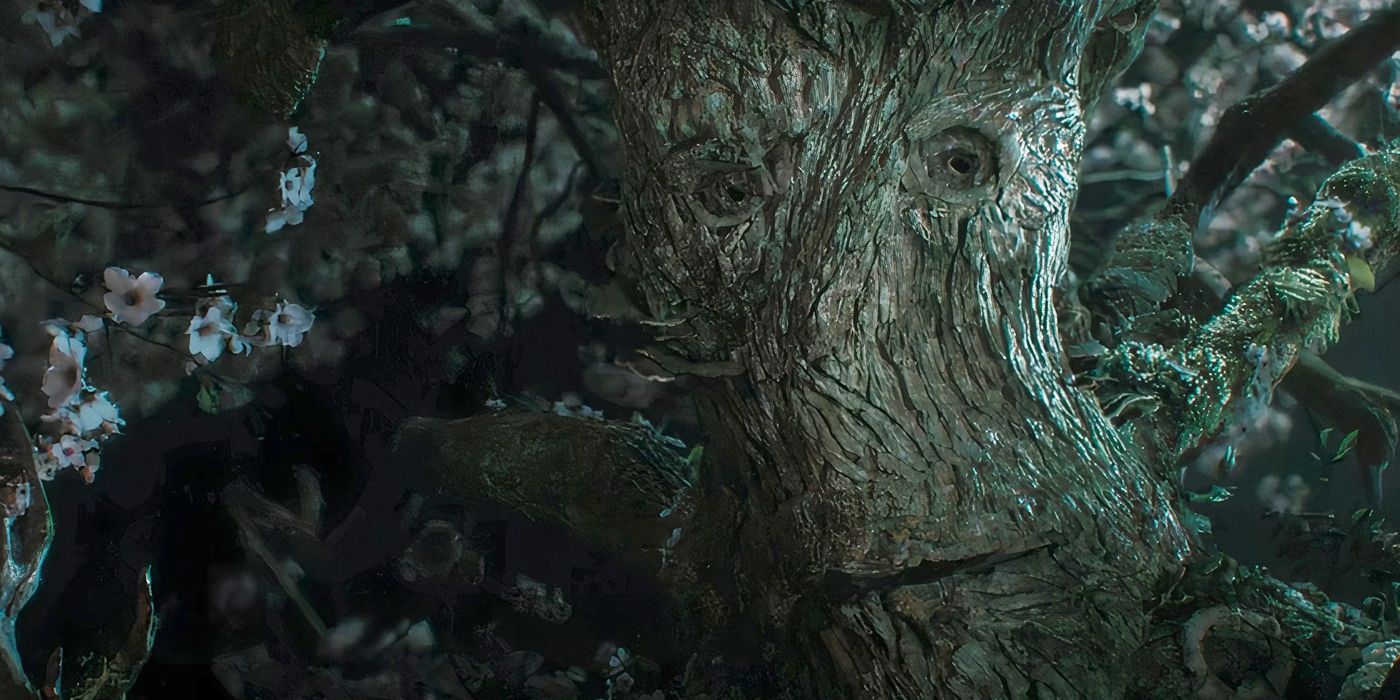 Closeup of an Ent in a dark forest in The Rings of Power