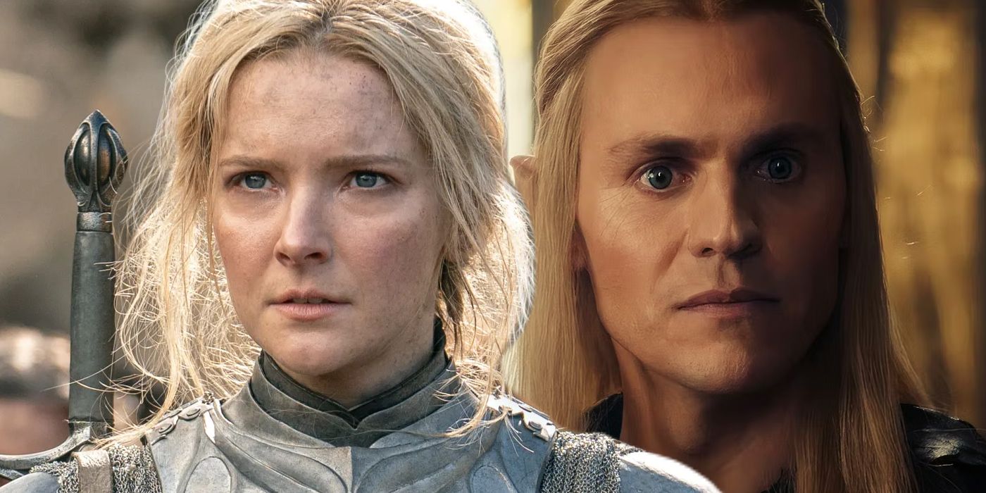 Split image features Galadriel (Morfydd Clark) and Annatar (Charlie Vickers) in The Lord of the Rings: The Rings of Power