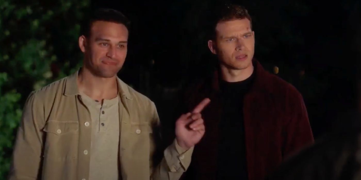 Ryan Guzman as Eddie Diaz points at Oliver Stark as Evan 'Buck' Buckley who looks confused on 9-1-1