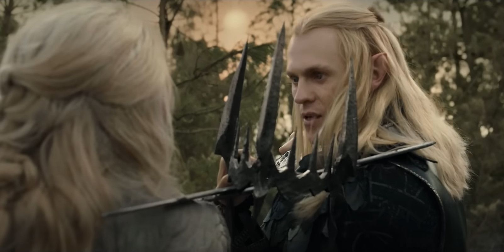 Sauron (Charlie Vickers) using Morgoth's crown to fight Galadriel (Morfydd Clarke) in The Lord of the Rings: The Rings of Power