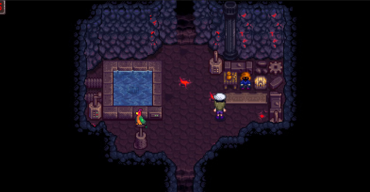 El jugador está en la Tienda Enana en el quinto piso de Volcano Dungeon en Stardew Valley.