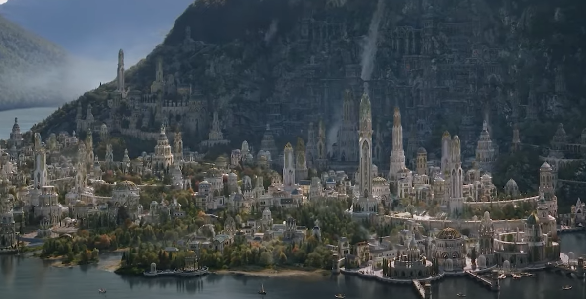 A close up shows Eregion one of the elf cities in The Rings of Power.