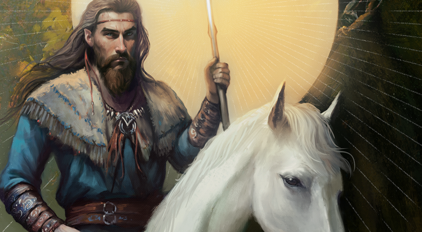 A crop picture of Orome shows him riding a white horse and holding a spear.